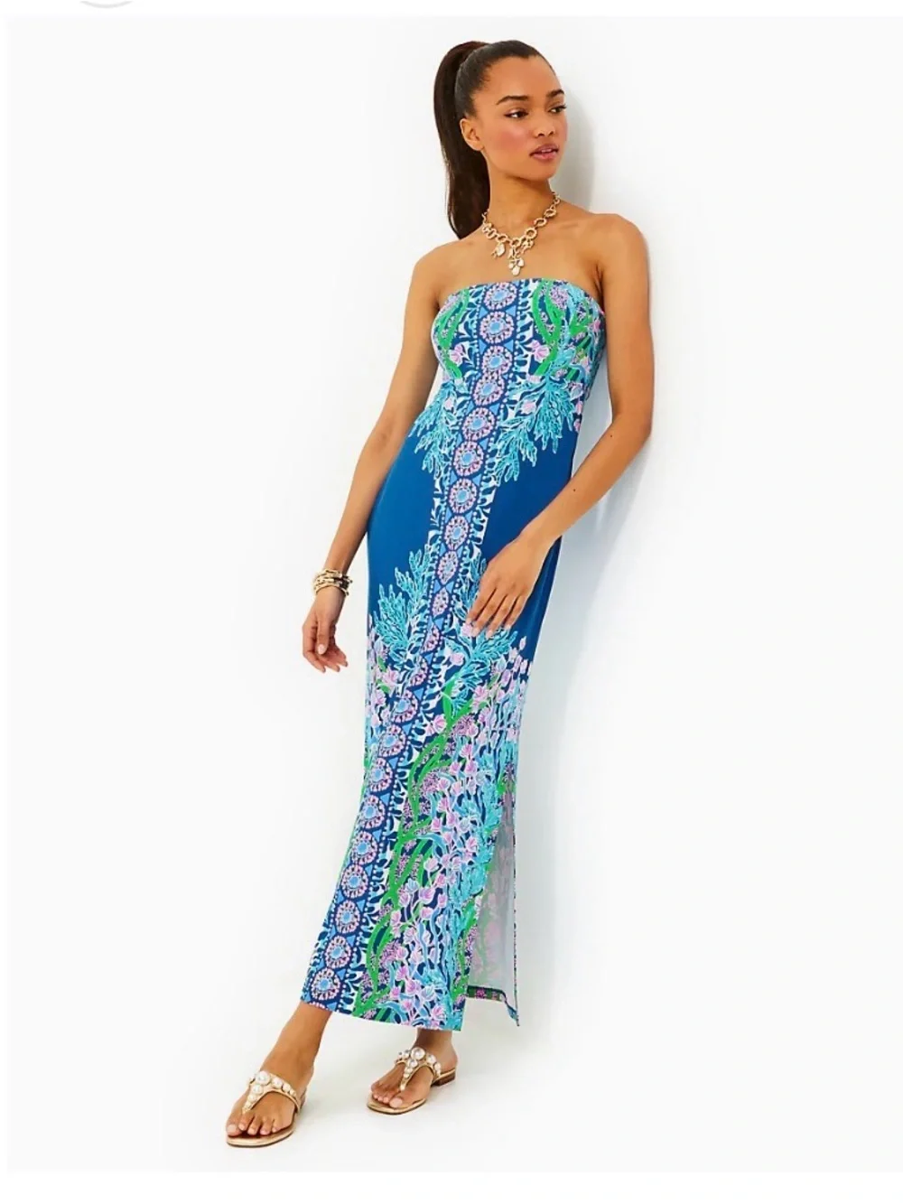 EUC Lilly Pulitzer NOA STRAPLESS MAXI BARTON BLUE SEACRET ESCAPE ENGINEERED - Picture 2 of 5